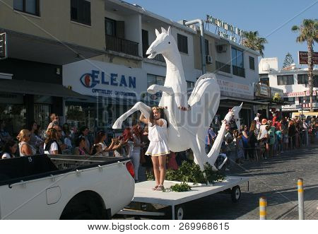 Paphos, Cyprus, May 29th, 2016: Traditional Flower Festival Anthestiria, Parade Along Poseidonos Ave