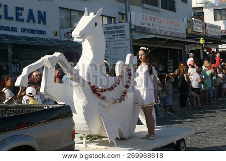 Paphos, Cyprus, May 29th, 2016: Traditional Flower Festival Anthestiria, Parade Along Poseidonos Ave