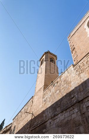 Jerusalem, Israel, November 17, 2018 : Bell Tower On Derech Shaar Haarayot Street Inside The Old Cit