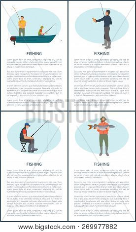 Fishing Poster Or Flyer Set. Fisherman In Motorboat Waiting For Rise, Sitting Man With Rod, Fisher W