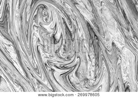 Digital Dark Grey Background With Spread Liquify Flow. Black And White Color Liquifying Pattern.