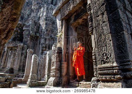 Bayon Angkor, Siem Reap, Cambodia - October 2018 : Ancient Temple Name Bayon Angkor With Stone Faces