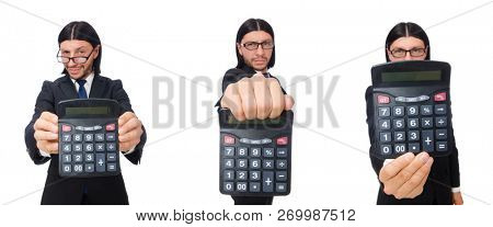 Man with calculator isolated on white