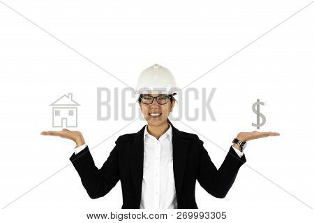 Woman Construction Hand Holding House And Dolla Icon Sign Conceptual