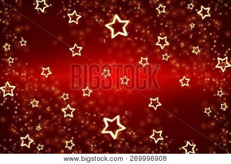 Christmas Card. Red Background For The Holiday. Gold Stars As A Frame On A Red Background.red Backgr