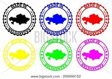 Made In Kazakhstan - Rubber Stamp - Vector, Kazakhstan Map Pattern - Black, Blue, Green, Purple, Yel