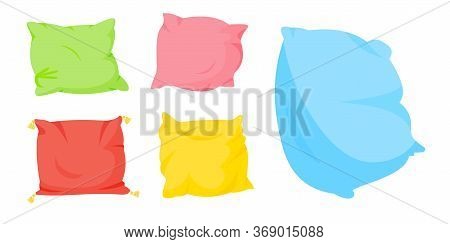 Colored Pillow Flat Cartoon Set. Home Interior Textile. Five Soft Color Pillows, With Tassels For Be