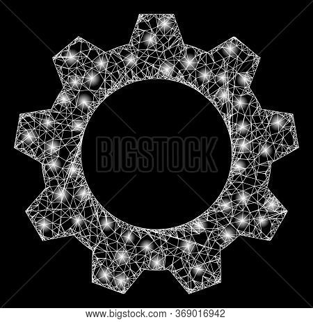Bright Web Mesh Gearwheel With Glowing Spots. Illuminated Vector 2d Model Created From Gearwheel Ico