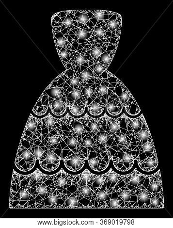 Glare Web Mesh Bride Dress With Glowing Spots. Illuminated Vector 2d Constellation Created From Brid