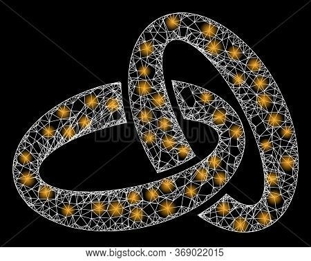 Glowing Web Network Gold Rings With Glowing Spots. Illuminated Vector 2d Model Created From Gold Rin
