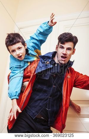 Faher And Son Together Having Fun At Home, Lifestyle Happy Family, People At Home