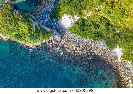 An aerial view of Hahei Beach New Zealand
