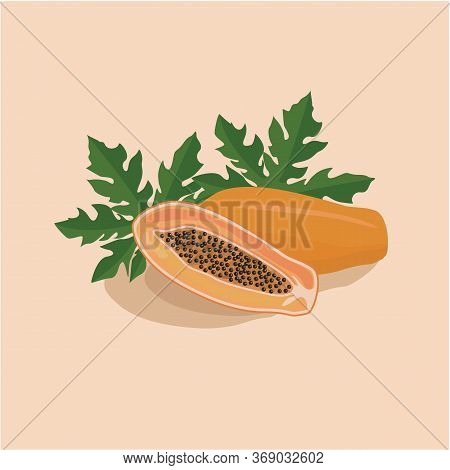 Tropical Fruit Papaya, Whole And Half Cut And Green Leaves. Exotic Asian Tropical Food. Vector Flat 