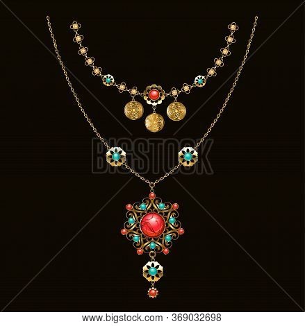 Gold Patterned Medallion With Turquoise, Carnelian And Jasper, On Long Brass Chain On Dark Backgroun