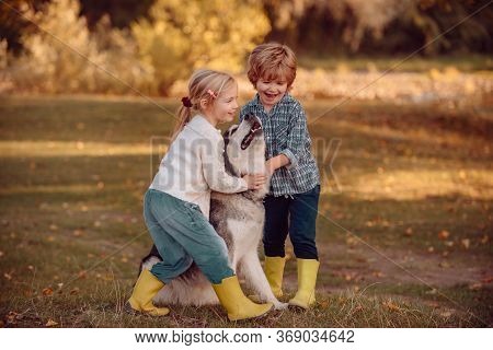 Little Girl And Boy With Pet Dog Exploring Nature Vacation. Children With A Dog Hiking Along The Nat