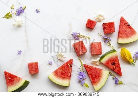 Colorful Fresh Fruits Watermelon Healthy Foods For Health Care With Purple Flowers ,jasmine And Ylan