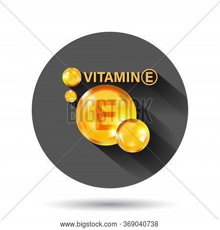 Vitamin E Icon In Flat Style. Pill Capcule Vector Illustration On Black Round Background With Long S
