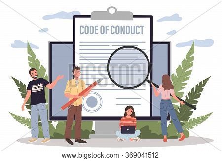 Business People Studying Code Of Conduct Paper Illustration. Office People Working On Company Ethica