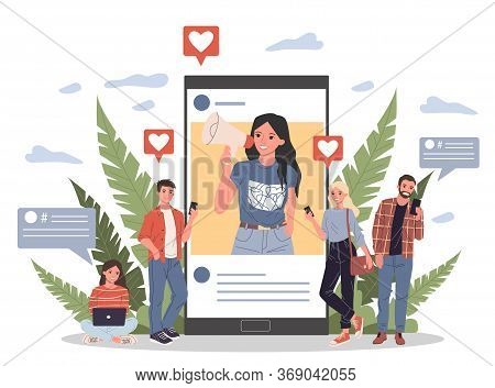 Blogger Promoting Goods And Services For Followers Online Illustration. Potential Product Consumers 