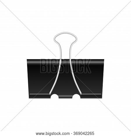 Binder Clip Isolated On White Background. Black Metallic Paper Clip Vector Illustration.