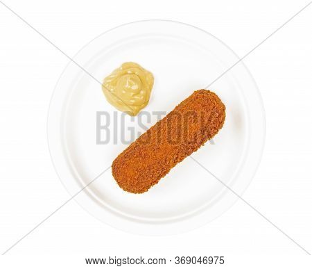 Brown Crusty Dutch Kroket With Mustard On A White Plate Isolated On A White Background