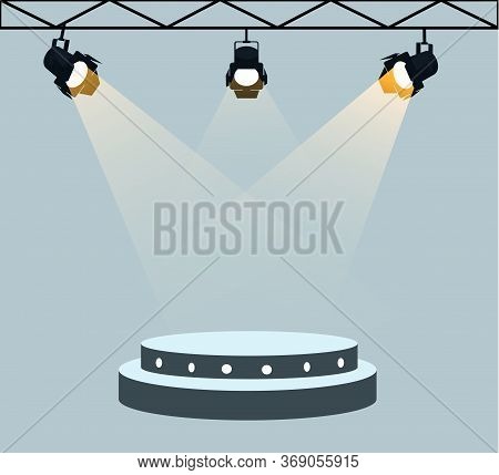 Flat Stage Podium Illuminated By Three Spotlights. Empty Pedestal For Display. 2 Step Platform For D