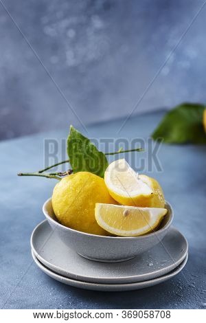 Fresh Sicilians Lemons In The Ceramic Bowl, Selective Focus Image