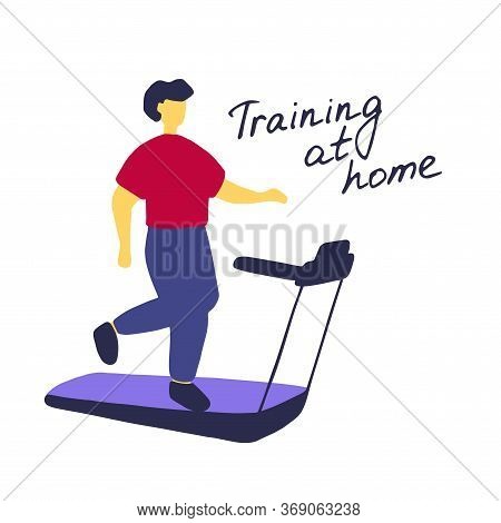 Young Man Running On Treadmill. Sport Training At Home. Flat Vector Graphic.