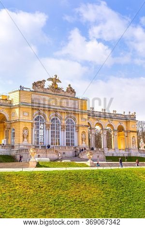 Vienna, Austia - April 3, 2015: The Gloriette In The Schonbrunn Palace Garden Against The Cloudy Blu