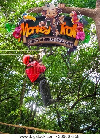 Roatan, Honduras - January 10, 2014: Welcome Sign At Jungle Zipline Adventure Or Canopy Tour At Roat