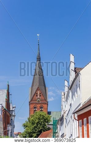 Tower Of The Marienkirche Church And Houses In Flensburg, Germany