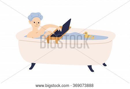 Smiling Woman Surfing Internet During Taking Bath Vector Flat Illustration. Happy Female Relaxing At