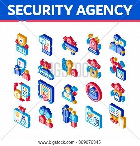 Security Agency Property Protect Icons Set Vector. Isometric Security Agency Service Video Monitorin