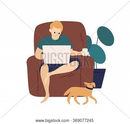 Relaxed Man Surfing Internet Use Laptop Sit On Armchair Vector Flat Illustration. Freelancer Male Wo