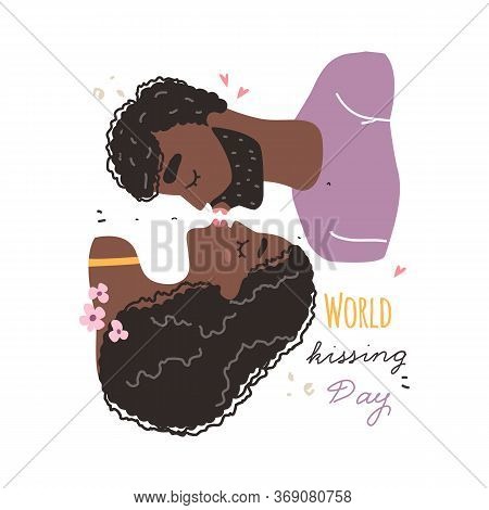 World Kissing Day. Romantic Black African American Couple In Love Kissing.