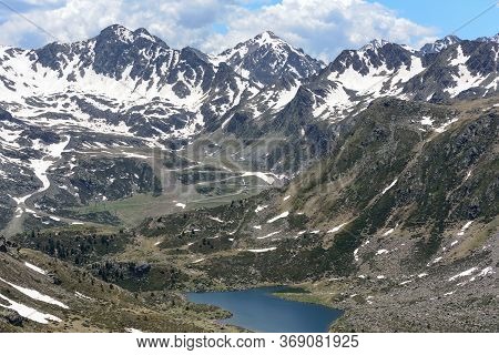 Beautiful View Hiking In The Andorra Pyrenees Mountains In Ordino, Near The Lakes Of Tristaina.