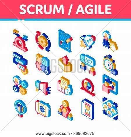 Scrum Agile Elements Vector Icons Set. Isometric Agile Rocket And Document File, Gear And Package, L