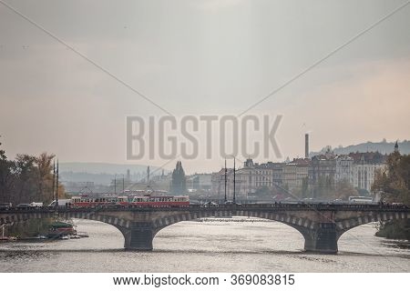 Panorama Of Prague, Czech Republic, Seen From The Vltava River, Also Called Moldau, With A Focus On 