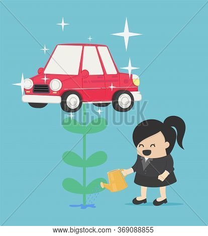 Businesswoman Who Is Watering Flowers And Getting Produce As A Car Is Like Having A Bonus For Her In
