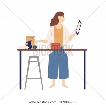 Housewife Looking Recipe Holding Tablet During Cooking At Kitchen Vector Flat Illustration. Domestic