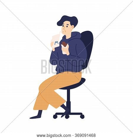Colorful Guy Drink Milk With Straw And Eat Chocolate Sitting On Armchair Vector Flat Illustration. H