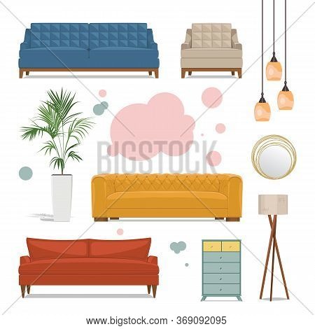 Elements Of A Modern Interior. Sofa, Floor Lamp, Mirror, Comfortable Chair, Chest Of Drawers, And De