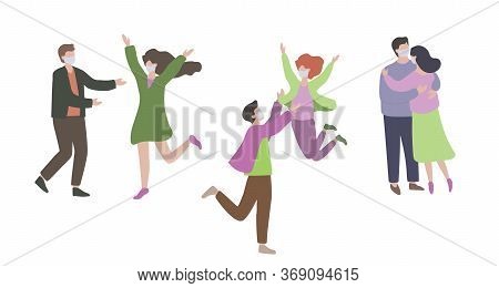 Men And Women On Date With Medical Mask. Flat Vector Set. Isolation Is Over. Romantic Couple Hugging