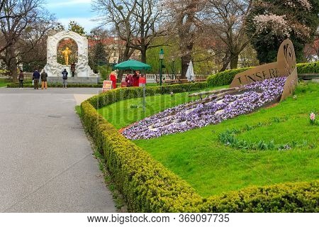Vienna, Austria - April 4, 2015: Statue Close Up View Of Gilded Bronze Monument Of Johann Strauss An