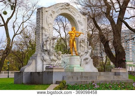 Vienna, Austria - April 4, 2015: Statue Close Up View Of Gilded Bronze Monument Of Johann Strauss In