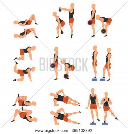 Male Athlete Doing Sports For Fit Body, Buttock Workout Vector Illustration Isolated On White Backgr