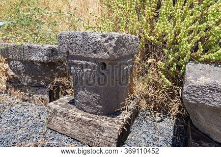 Kanaf, Israel, May 29, 2020 : Column Remains In Ruins Of The Dir Aziz Synagogue, Built In The Byzant