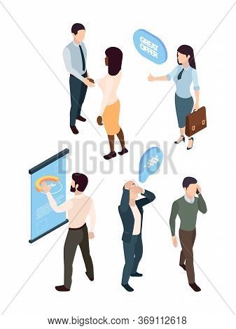 Isometric People Manager Analytic. Girl Briefcase Pleased With Result Man Looking Infographics Manag