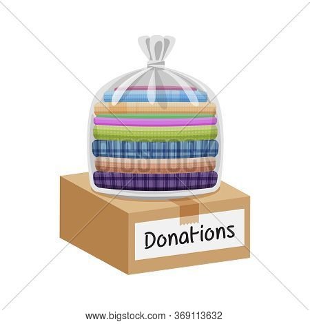 Second Hand Clothes In The Bag And Crate, Boxes For Donations Isolated On White, Used Shirts For Don