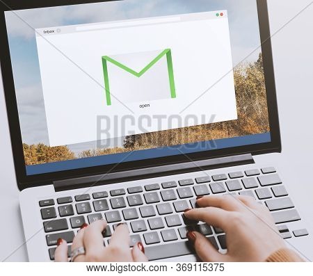 Electronic Mail Service System. Unrecognizable Female Typing On Laptop With Opened Email Post Websit
